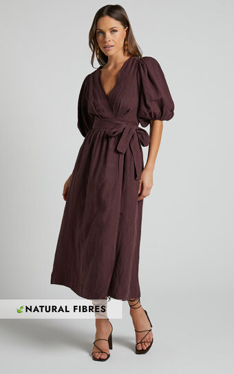 Amalie The Label - Franc Linen Puff Sleeve Wrap Midi Dress in Dark Plum