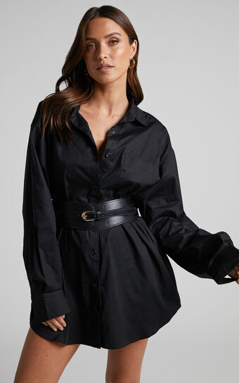Janaya Mini Dress - Long Sleeve Shirt Dress in Black