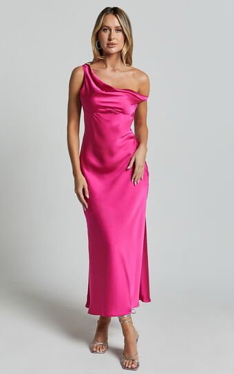 Alexia Midi Dress - One Shoulder Bust Slip Dress in Fuschia