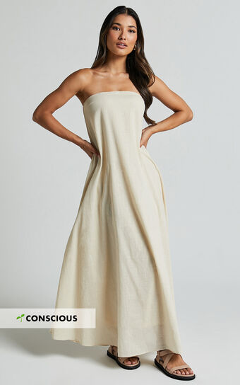 Adessa Maxi Linen Blend Dress - Strapless A Line Dress in Beige