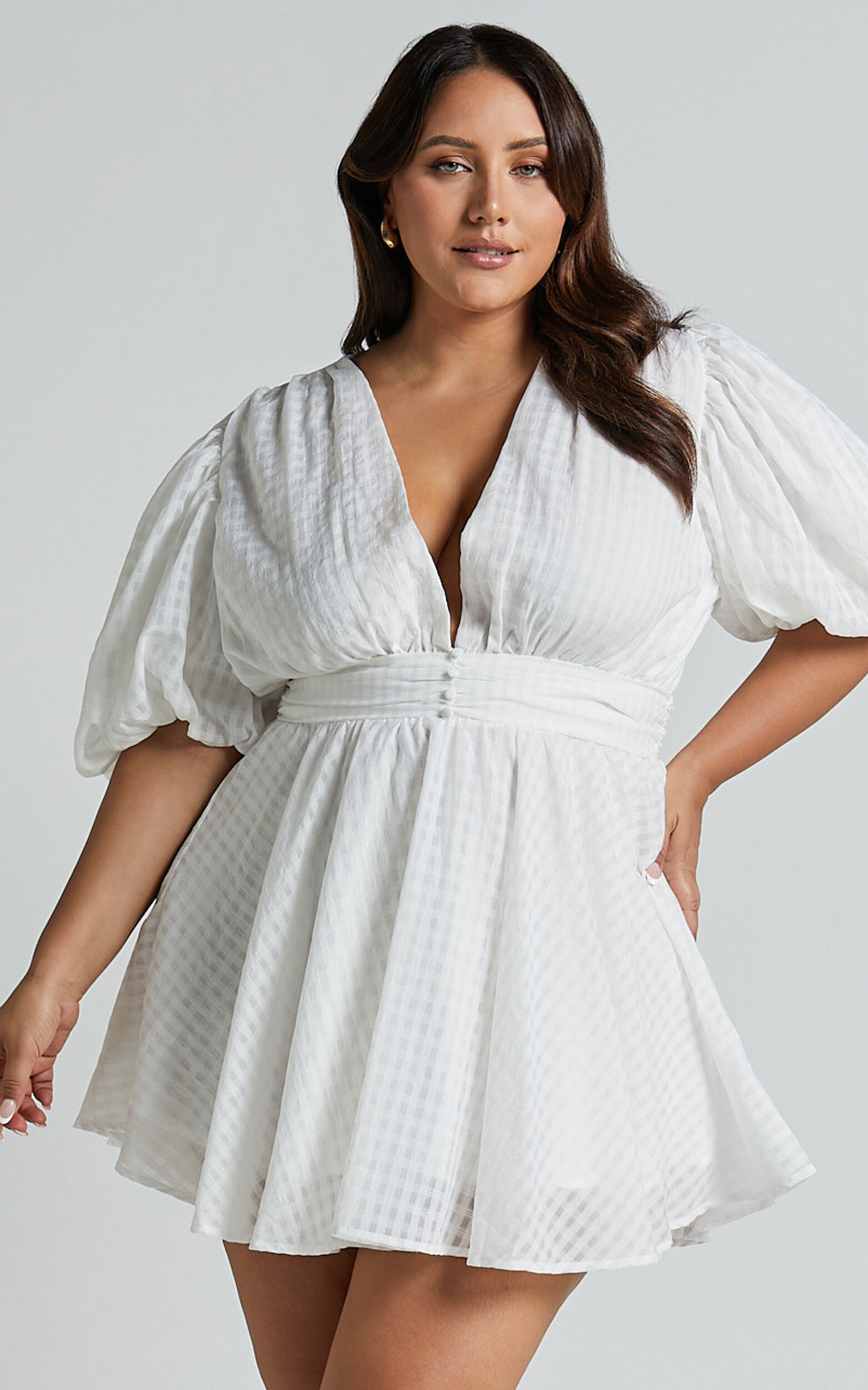 （訳ありセール 格安） Puff Textured - Dress Mini Xandy Sleeve in Dress Plunge ワンピース