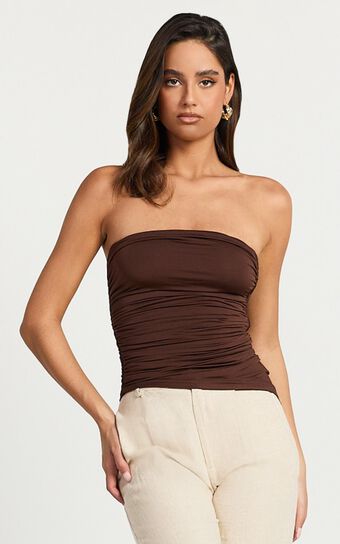 Faye Top - Asymmetric Gathered Strapless Top in Chocolate