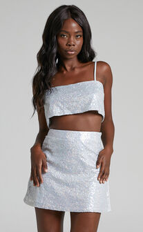 Elswyth Mini Skirt - Side Split Sequin Skirt in Silver