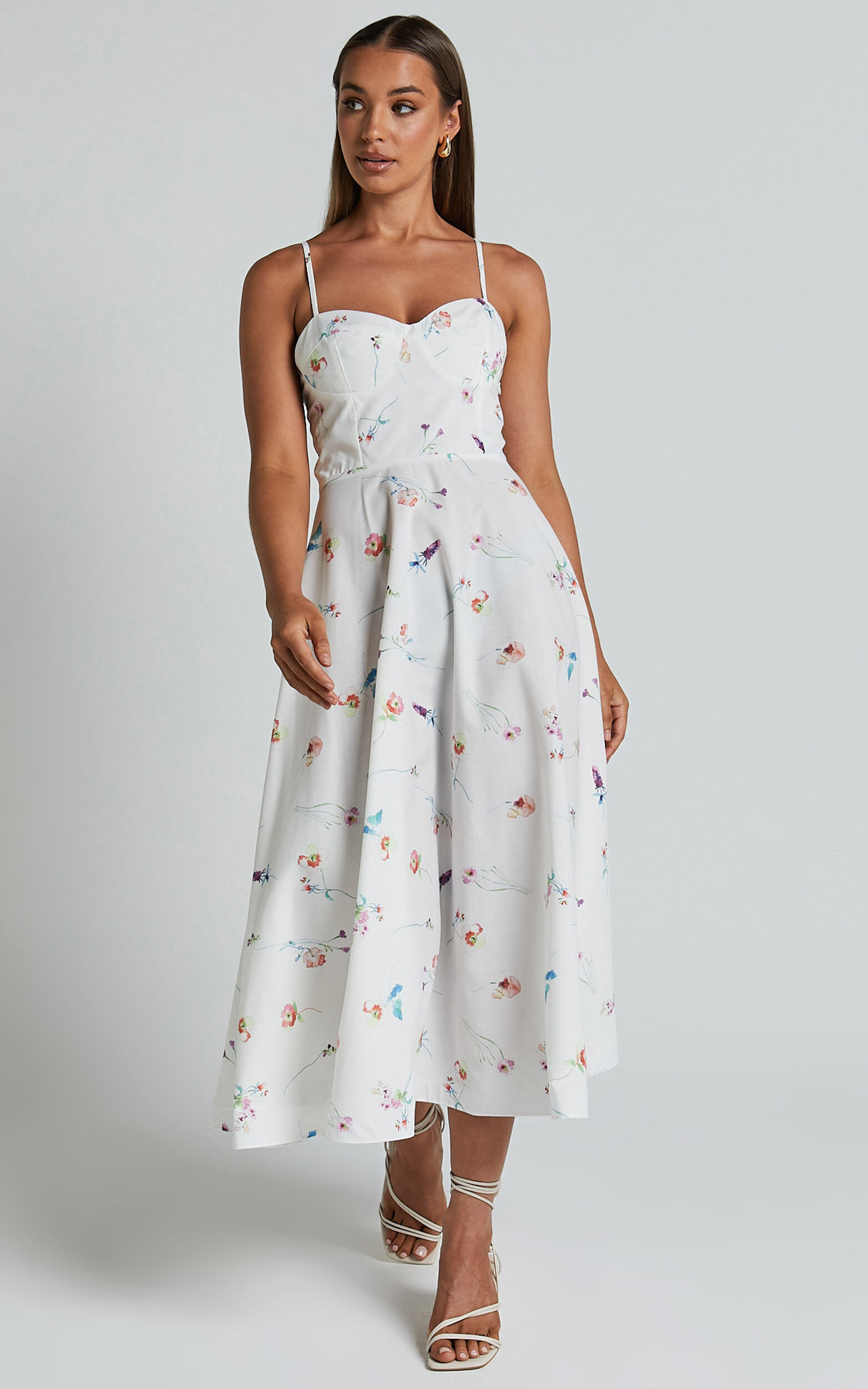 Robertson Midi Dress - Strappy Sweetheart Bustier Flare Dress in Painterly Wild Flower | Showpo USA