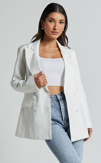 Harriet Blazer- Linen Double Breasted Oversized Blazer in White