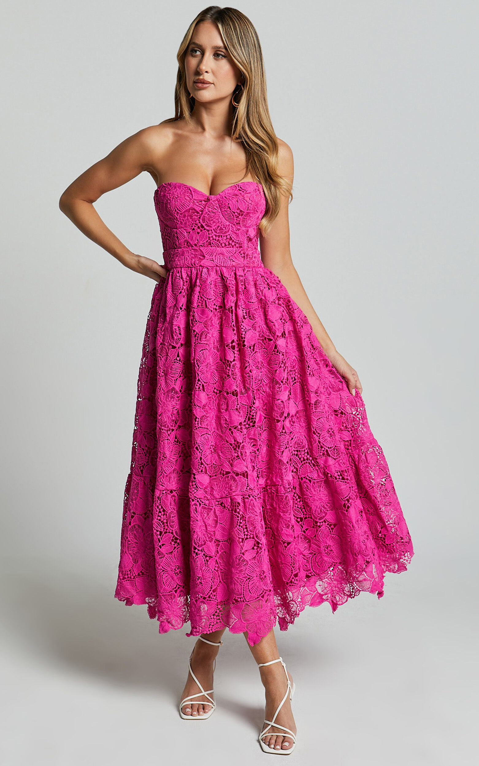 Gabriela Midi Dress Strapless Lace Dress in Magenta Showpo EU