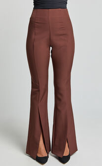 Volta Pants - Front High Waisted Split Boot Leg Kick Out Pants in Chocolate