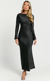 Arriana Midi Dress - Long Sleeve Cowl Back Satin Dress in Black | Showpo