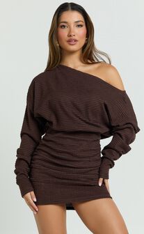Alyce Mini Dress - Long Sleeve One Shoulder Dress in Chocolate