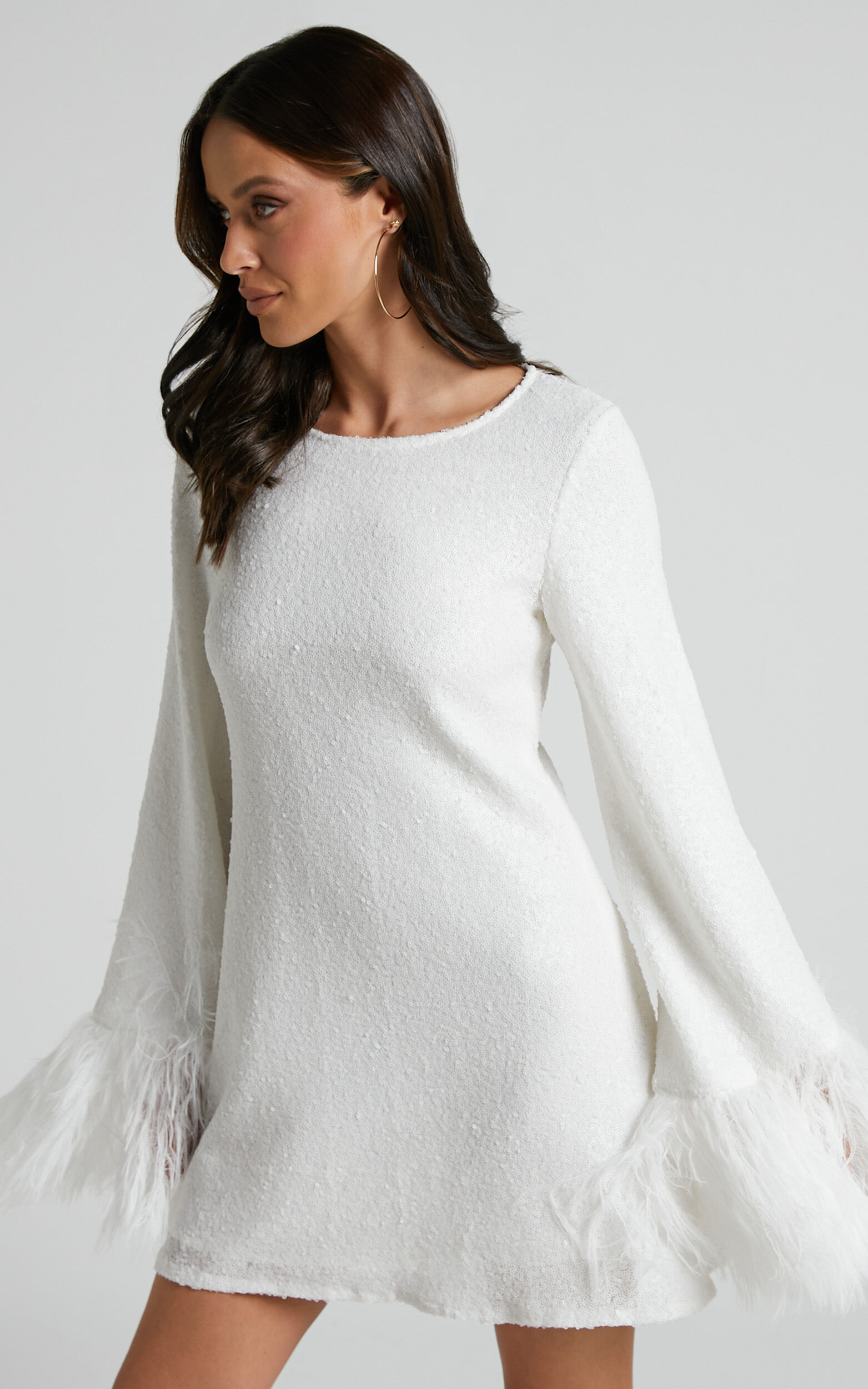 Rowella Mini Dress Faux Feather Bell Sleeve Dress in White