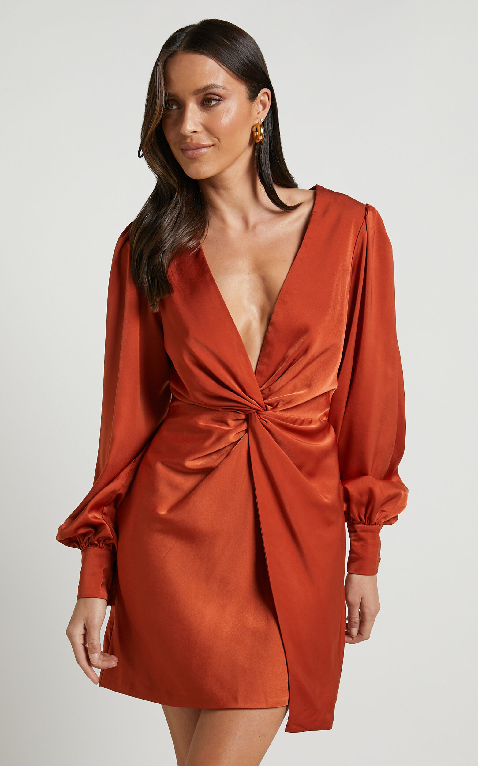 Billie Mini Dress Twist Front Long Puff Sleeves Dress in Copper