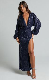 Arlington Midi Dress - Sequin Long Sleeve Dress in Midnight Navy