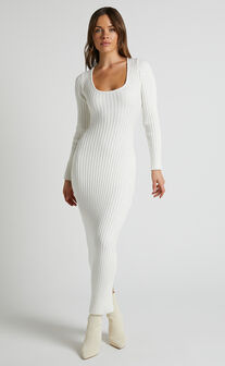 Kister Midi Dress - Long Sleeve Twist Back Dress in Ivory