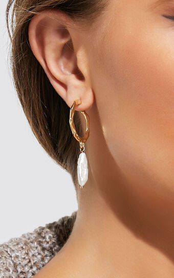Sally Earrings - Rustic Hoop Pearl Drop Earrings in Gold