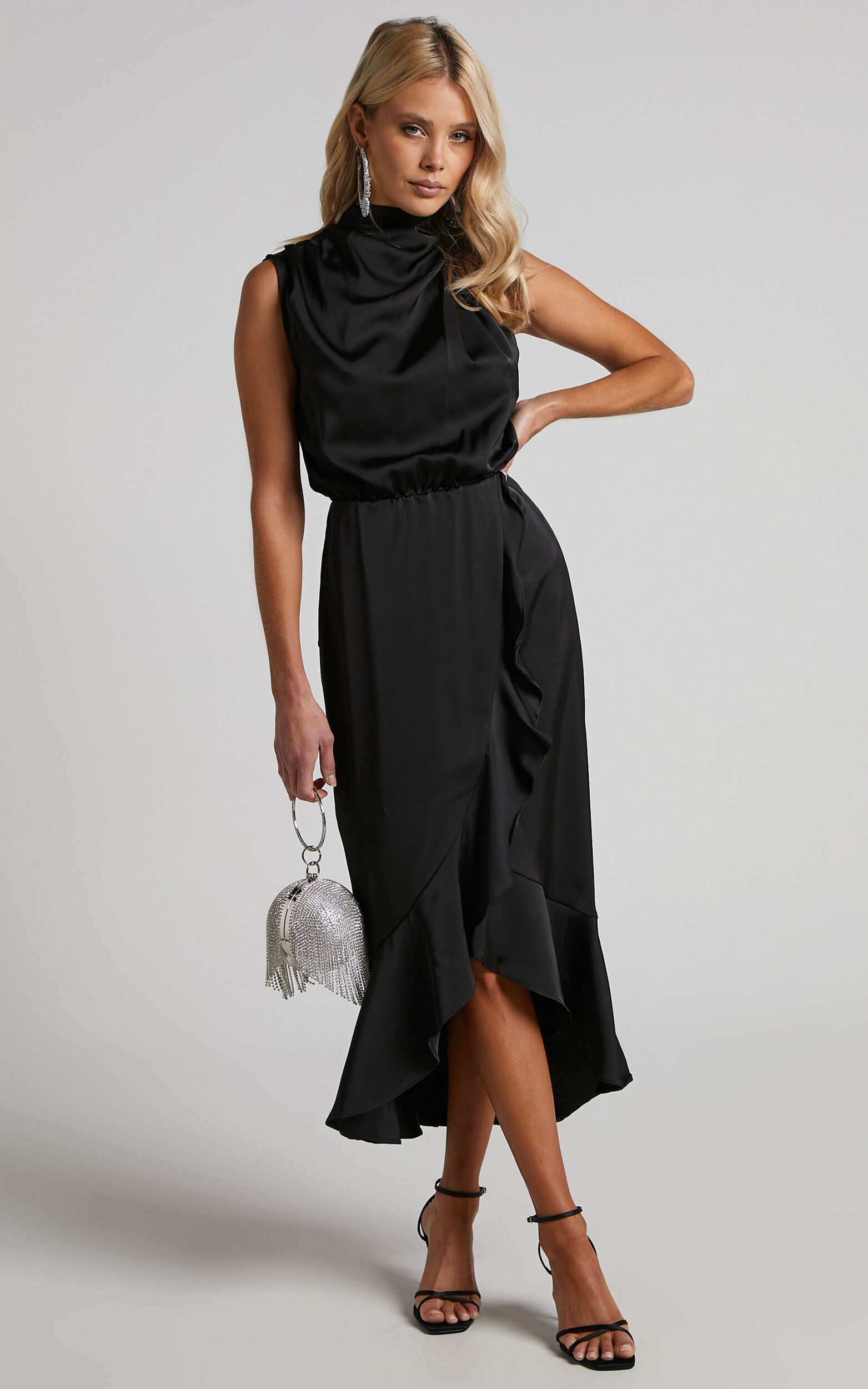 Billie Midi Dress - High Neck Drape Frill Hem Dress in Black - 06, BLK1