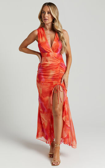 Annie Midi Dress - Wrap Front Ruffle Detail Dress in Orange Floral