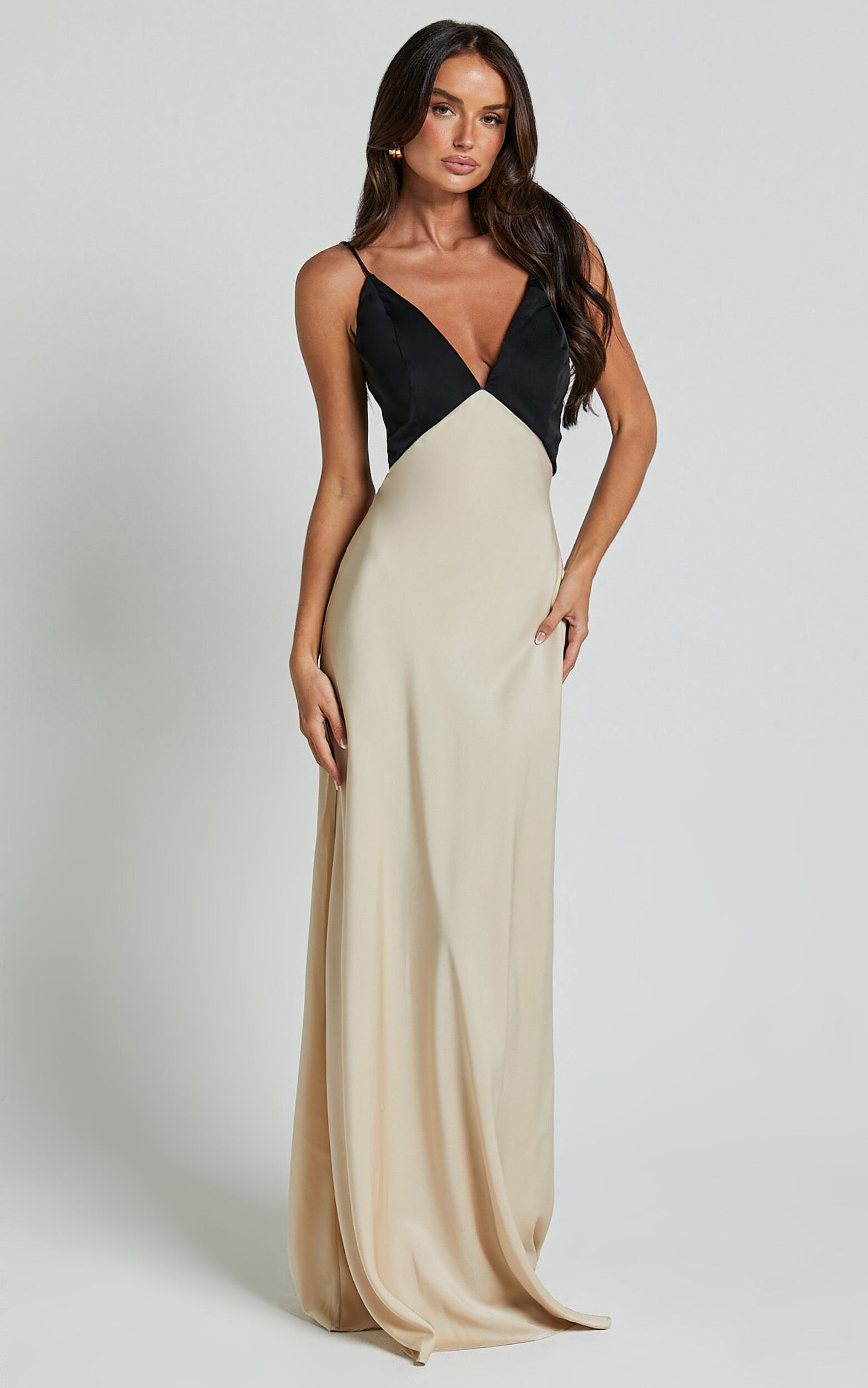 Quincy Maxi Dress - Contrast Panel Satin Slip Dress in Black/Champagne ...