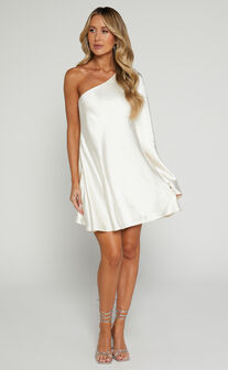 Karla Mini Dress - One Shoulder Long Sleeve Dress in Pearl