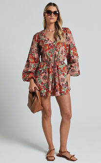Amalie The Label - Soliel Linen Blend Long Bishop Sleeve Playsuit in Musee Print