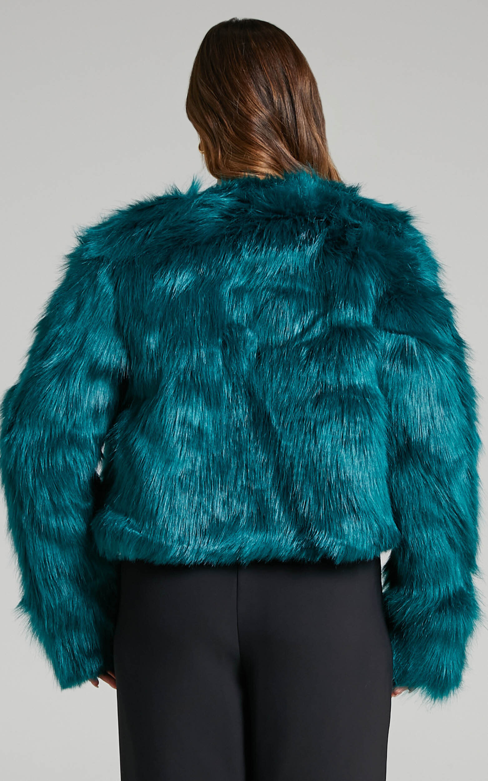 Flavia Cropped Faux Fur Jacket in Emerald