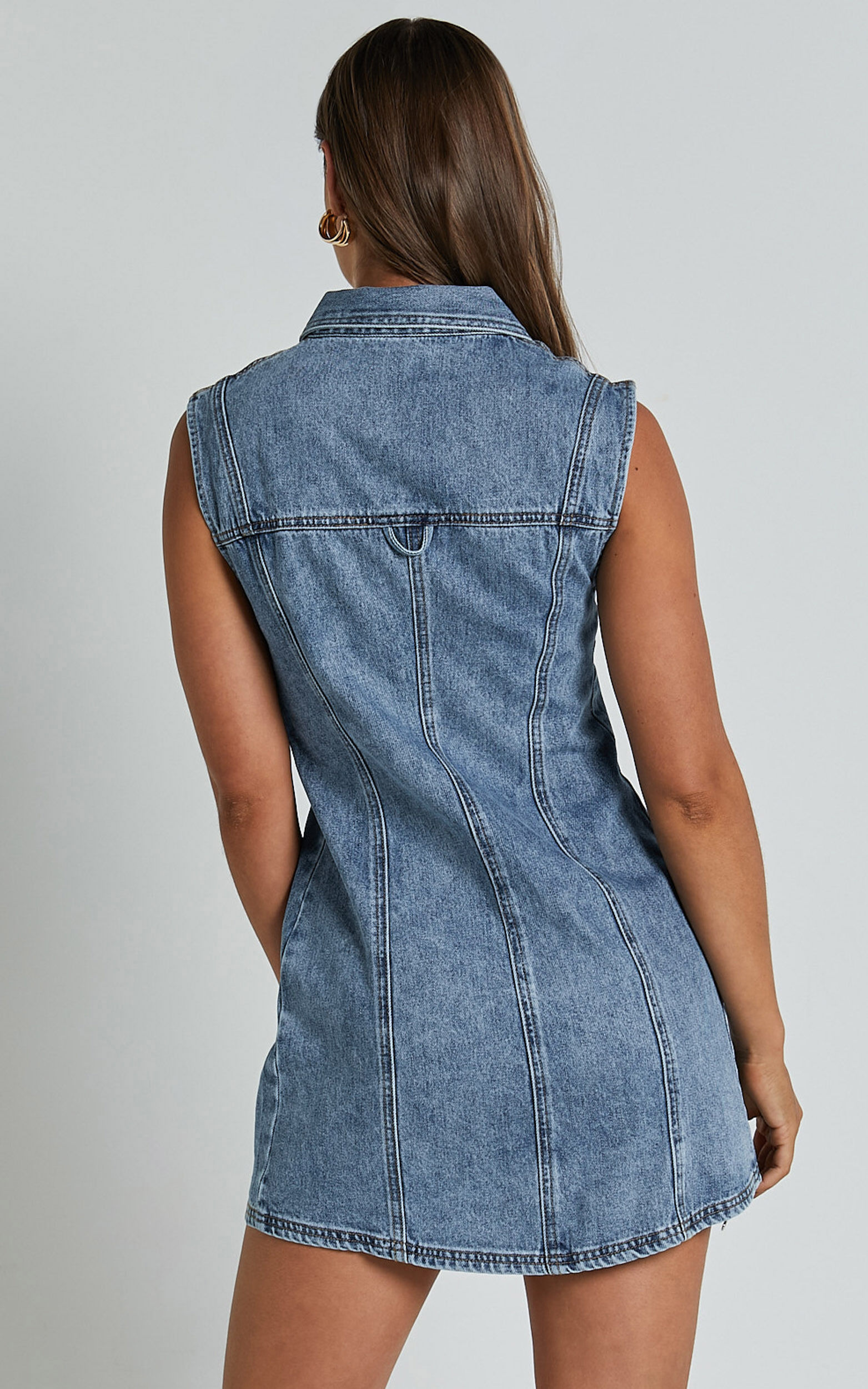 Gigie Mini Dress - Button Front Collared Denim in Mid Blue Wash | Showpo