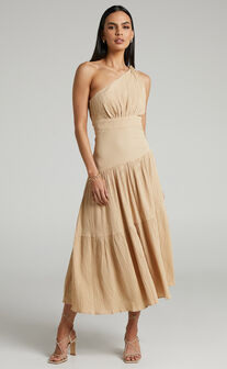 Celestia Midi Dress - Tiered One Shoulder Dress in Sand