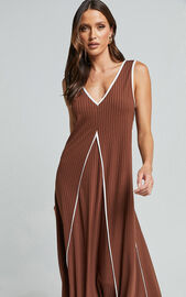 Cathleen Midi Dress - Ribbed Sleeveless Low Back Dress in Chocolate With White Contrast | Showpo USA