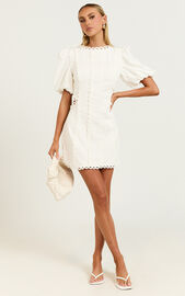 Laila Mini Dress - High Neck Side Cut Out Puff Sleeve Straight Dress in Off White | Showpo NZ