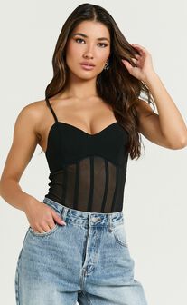 Cheryth Bodysuit - V Neck Strappy Sheer Corset Bodysuit in Black