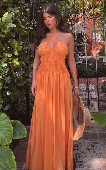Meghan Midi Dress - Pleat Detail Drop Waist Dress in Orange