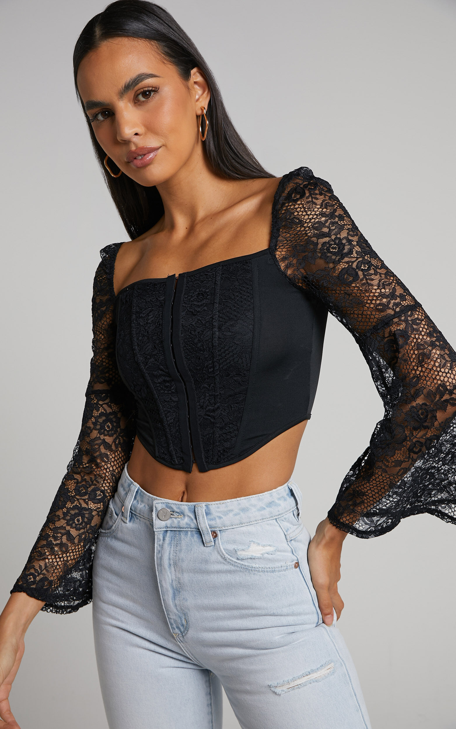 Sienna Top - Lace Bell Sleeve Corset Top in Black