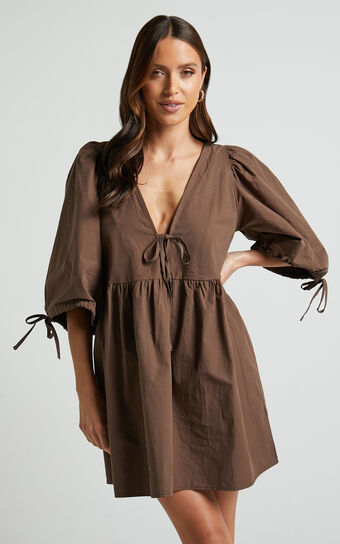 Rosita Mini Dress - Tie Front Puff Sleeve Dress in Chocolate | Showpo USA