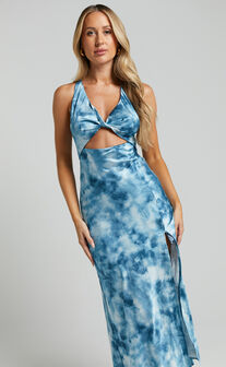 Almaeh Mini Dress - Twist Front Cut Out Strapless Slip Dress in Steel Blue