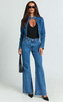 Pamela Jacket - Denim Biker Detail Long Sleeve Jacket in Dark Blue Wash