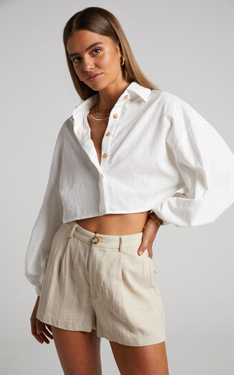 Marsha Linen Blend Shirt - Cropped Long Sleeve Button Up Shirt in White