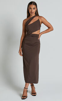 Erizha Midi Dress - One Shoulder Strappy Ruched Slip Dress in Chocolate