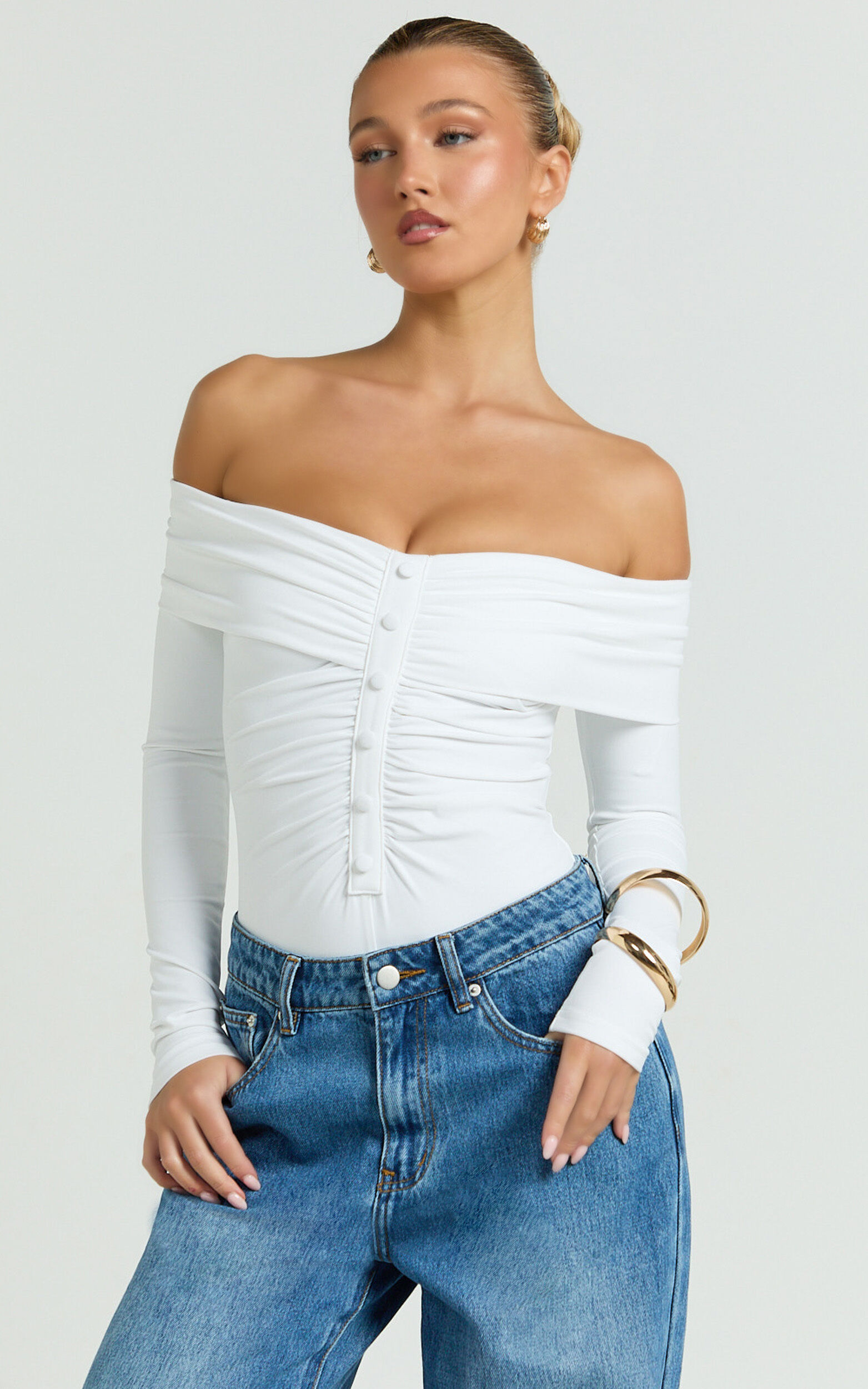 Charisse Bodysuit - Off Shoulder Button Down Bodysuit in White - 06, WHT1