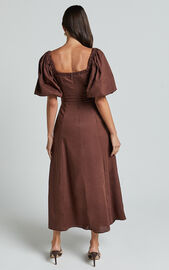 Amalie The Label - Janae Linen Blend Puff Sleeve Cut Out Midi Dress in ...