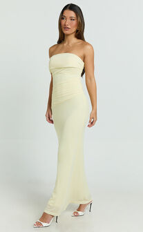 Jerlie Maxi Dress - One Shoulder Mesh Dress in Lemon