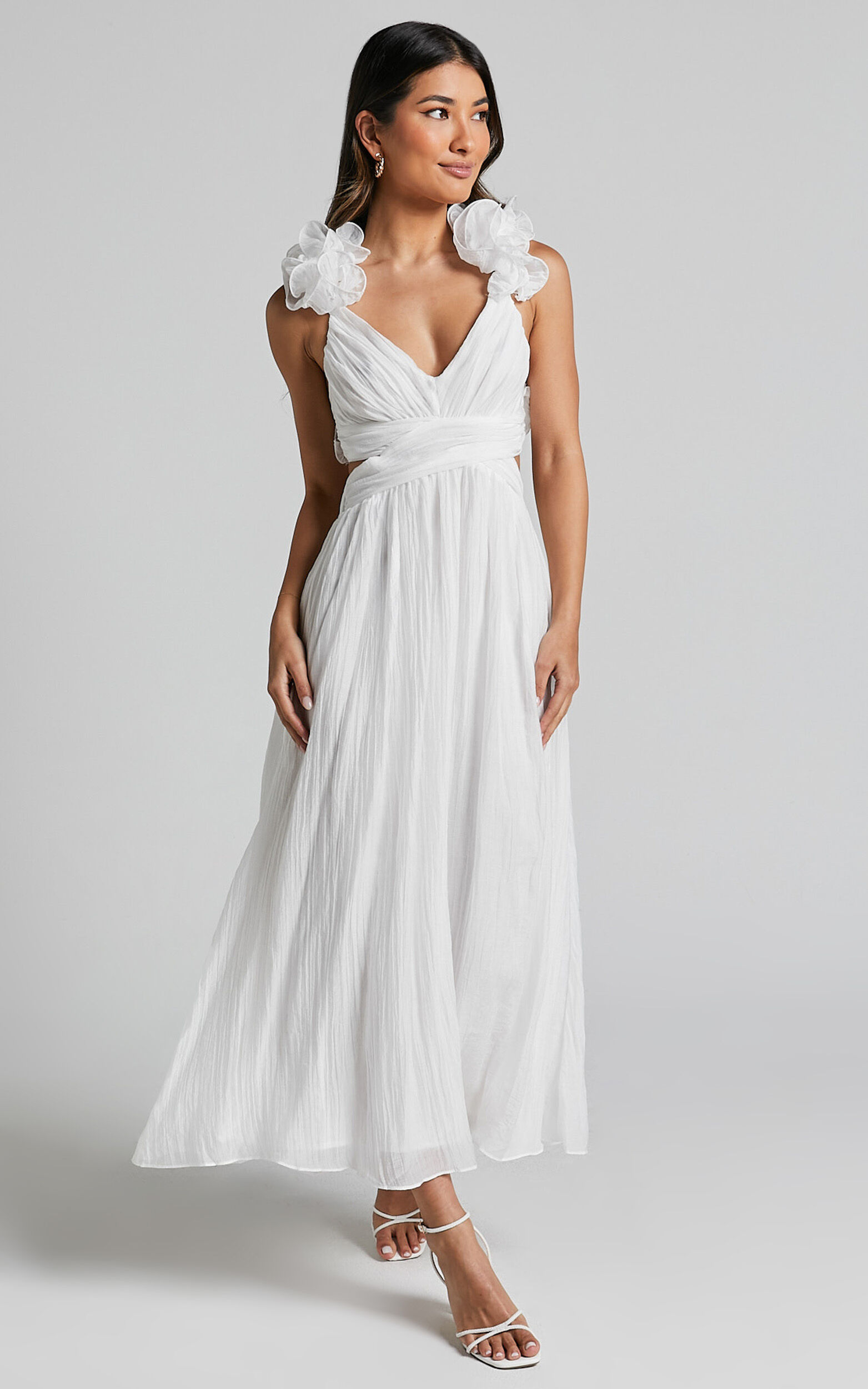 Marielly Maxi Dress - Side Cut Out V Neck Ruffle Detail Sleeve Dress in White | Showpo USA