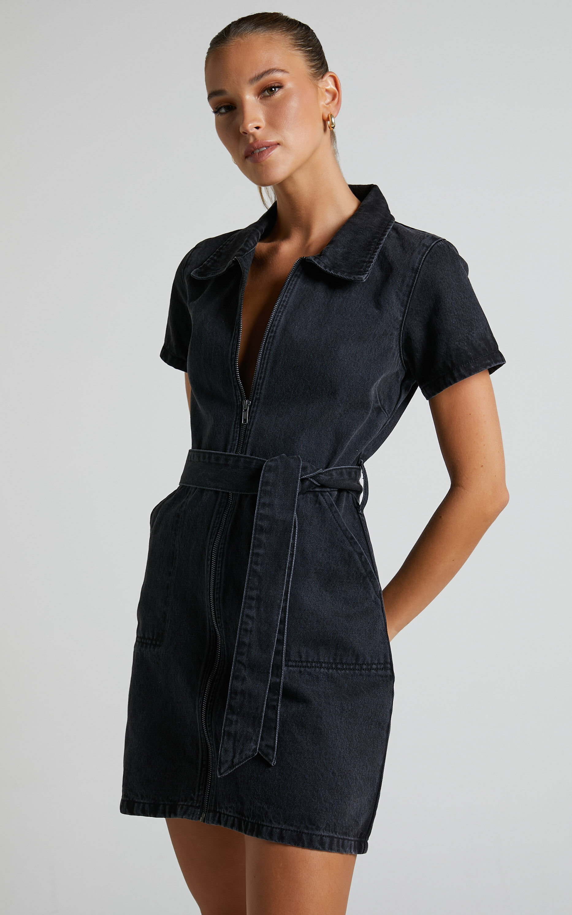 Black denim zip up dress shop