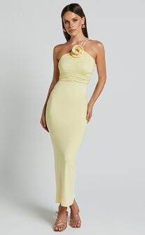 Teagan Midi Dress - Bodycon Ruched Asymmetric Strap Rosette Dress in Lemon