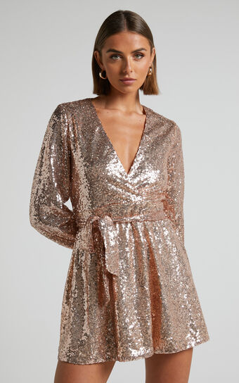 Three Of Us Mini Dress - Long Sleeve Wrap Dress in Gold Sequin