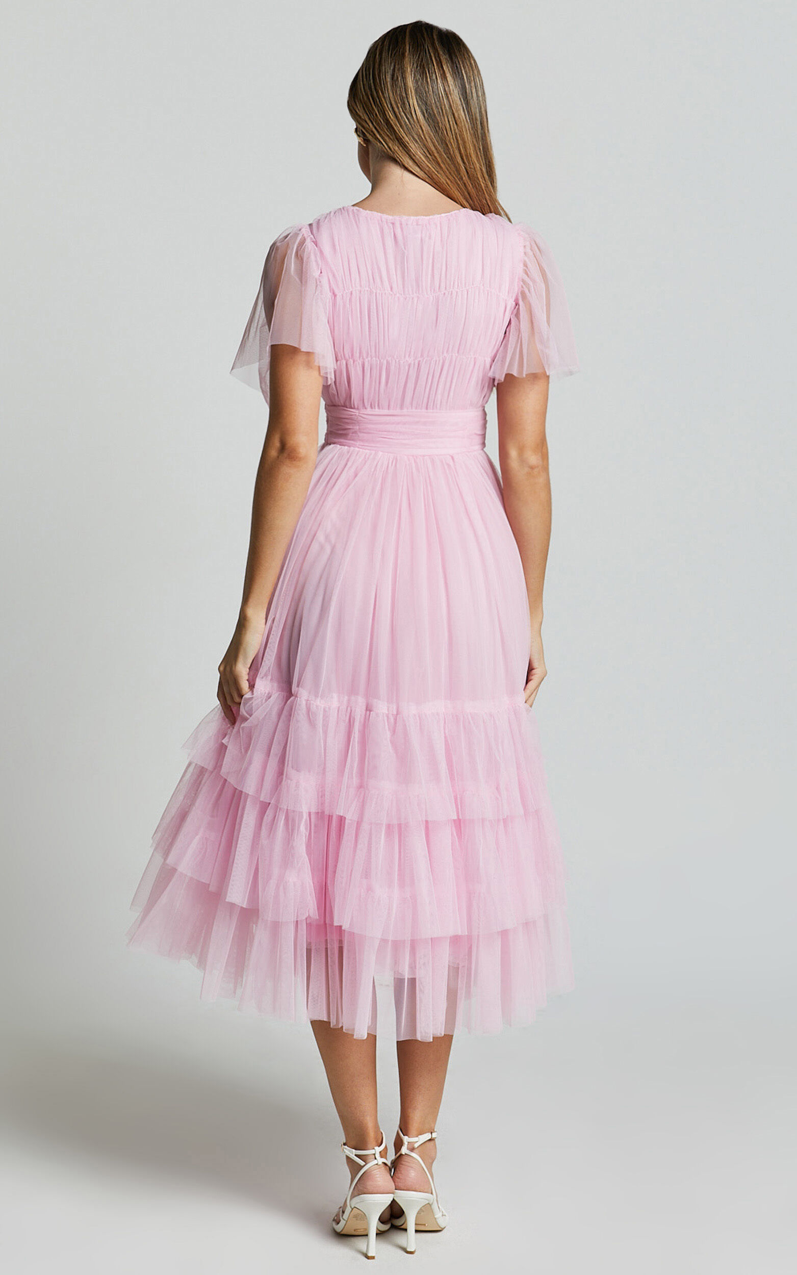 Jiraye Midi Dress - Flutter Sleeve Tuelle Plunge Dress in Ballet Pink ...