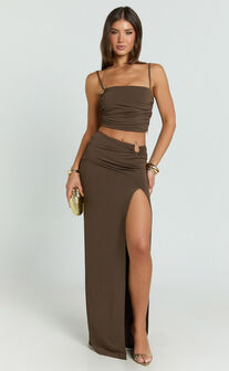 Adalee Two Piece Top and Skirt Set - Square Neck Gold Hardware Detail Top And Low Waist Maxi Skirt in Chocolate