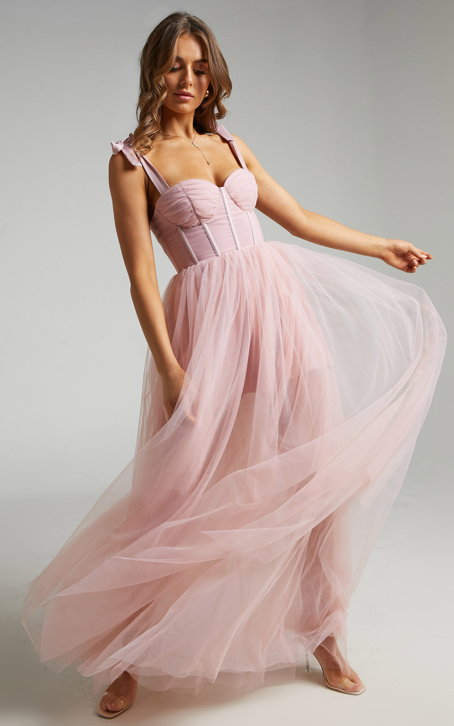 Tulle-trimmed ruched bustier gown in pink - David Koma