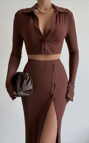 Meschelle Two Piece Set - Collared Front Crop Top and Side Split Midi Skirt Set in Chocolate
