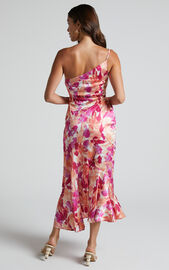 Alyssia Midi Dress - One Shoulder Ruched Satin Dress in Pink Floral ...