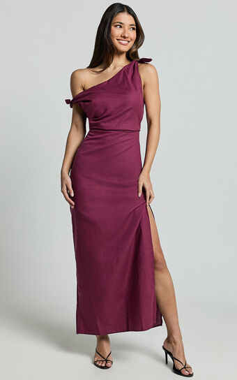 Cincinnati Midi Dress - Off The Shoulder Side Split Column Linen Look Dress in Merlot