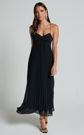Jodie Midi Dress - Pleated Chiffon Ruched Bust Midi Dress in Black | Showpo